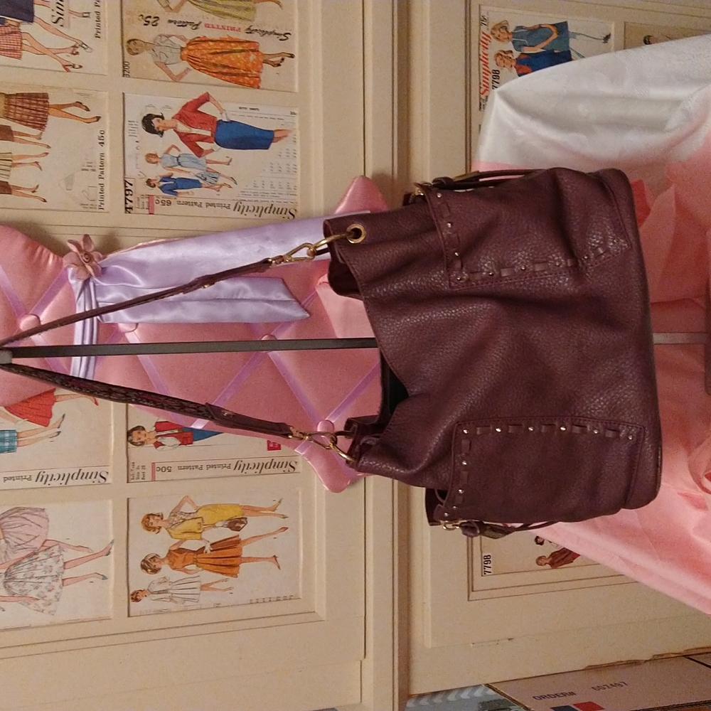 Steve Madden brown vinyl sack style bag with brocade strap
